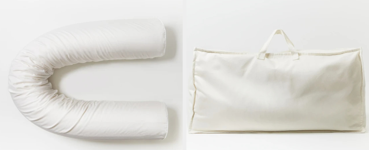 Image of the white pregnancy body pillow and white carrying tote