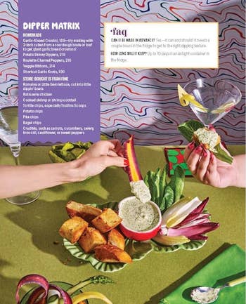 Two hands dipping vegetables into two different bowls of dip on a table with various snacks and dip recipes