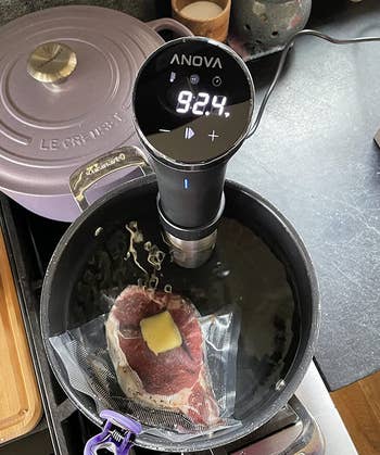 reviewer photo of the sous vide machine attached to a pot filled with water and holding a piece of meat in a sealed bag