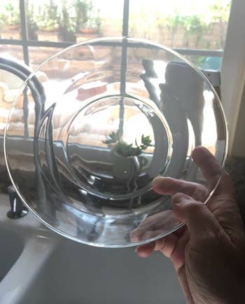 reviewer holding a clean clear glass plate 
