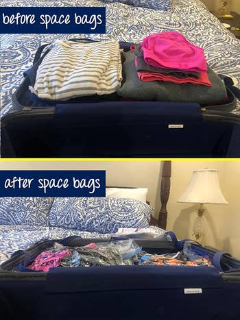 a reviewer's suitcase before with clothes overflowing and after now with some extra room