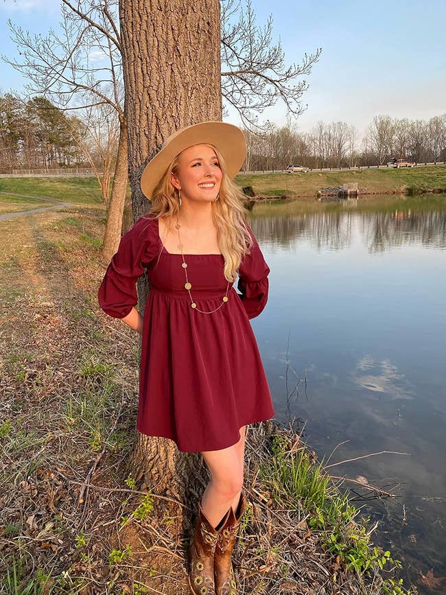 burgundy dress with cowboy boots Cute can mean business! And to when youre fashionably late for an outfit check! The burgundy, the suede, the boots , Comment DRESS to shop! , A fan favorite look from my Dallas trip! Think I