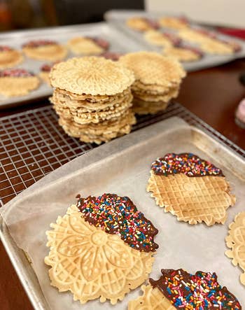 reviewer image of flat pizzelles with chocolate and sprinkles
