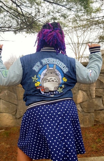 The back of writer, wearing her Totoro Jacket