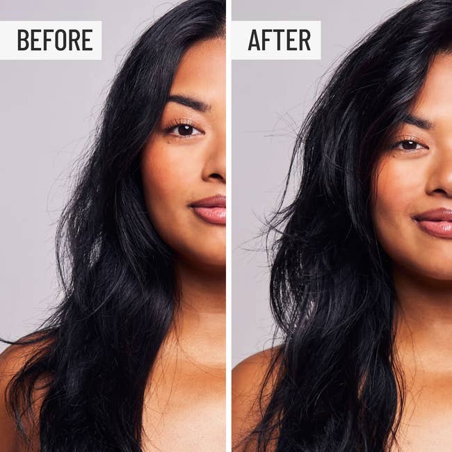 Before and after images of a model's smooth hair, showcasing a hair treatment effect