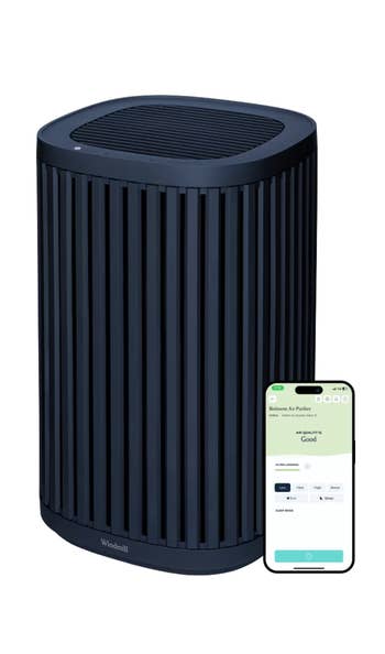 Air purifier with vertical slats and smartphone showing an app interface with aerial prime details