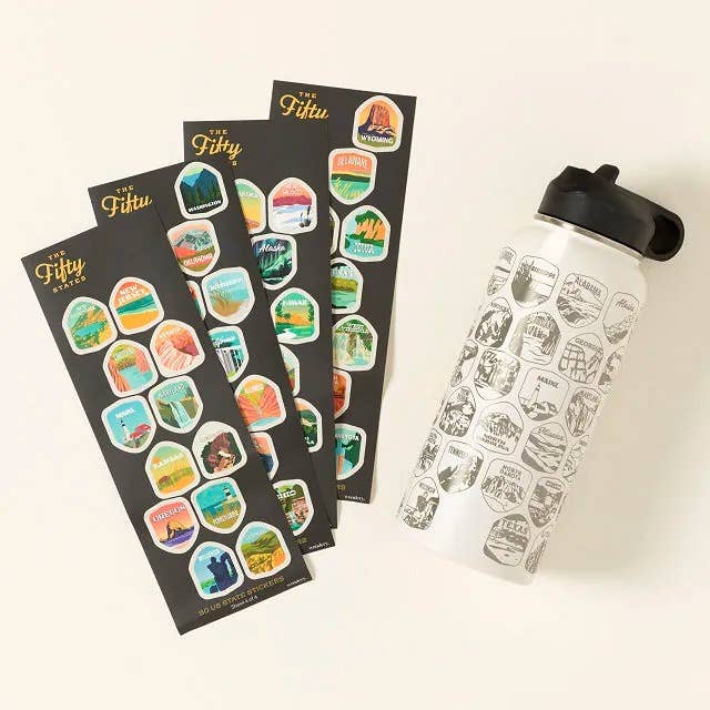 The water bottle and sheets of stickers