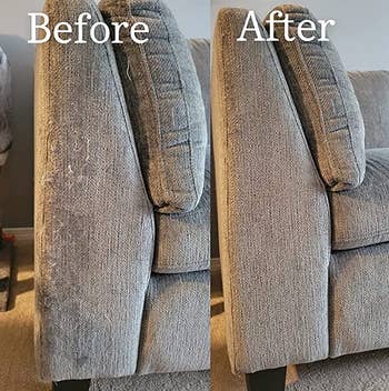 reviewer before and after photos showing a sofa with scratched-up fabric on the left and the fabric looking like new on the right