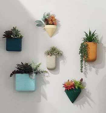close-up of a reviewer's wall with six small hanging planters in different colors arranged in a circle