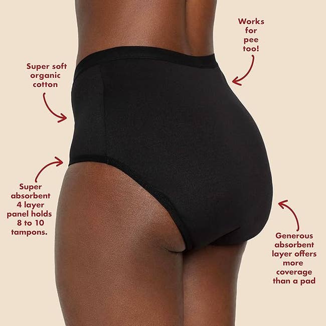 Woman models black absorbent underwear with descriptive arrows pointing to features; suitable for periods. Text describes cotton softness and layers
