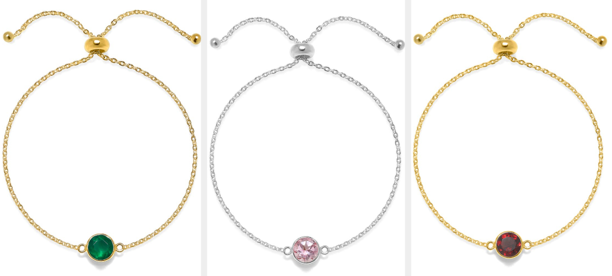Three images of bracelets in gold and silver with green, pink, and red stones