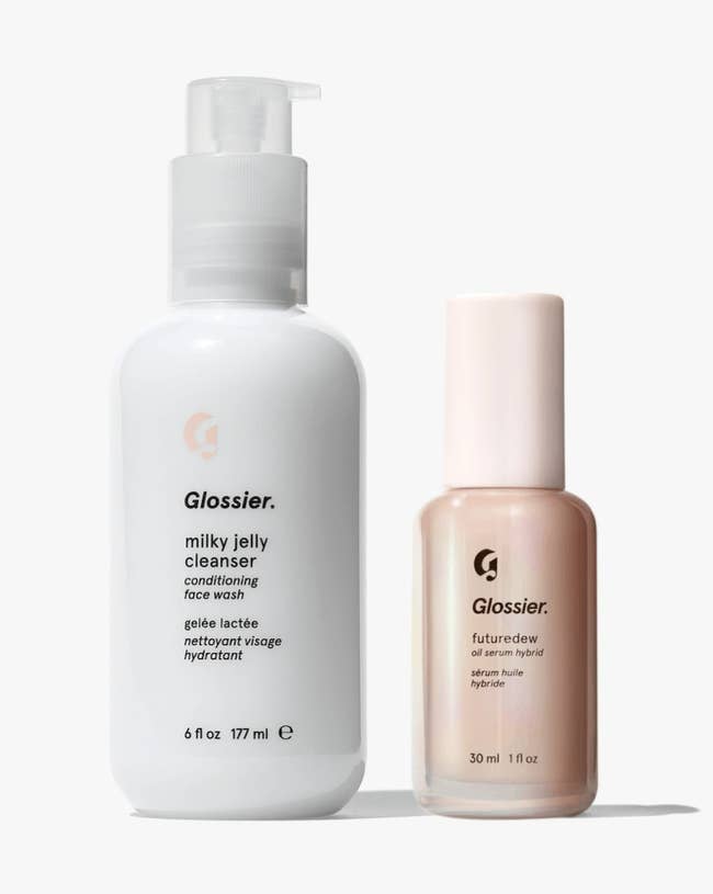 a bottle of milky jelly cleanser and a bottle of futuredew