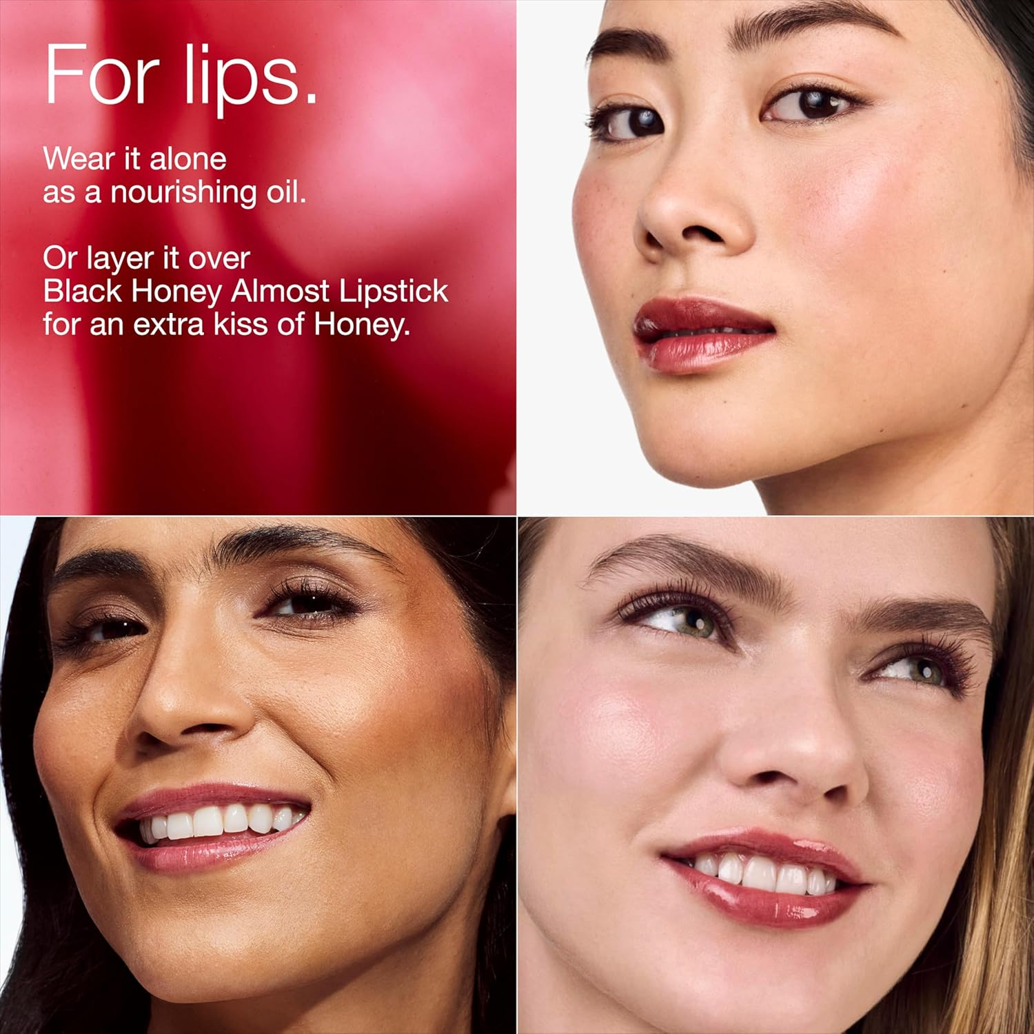 Collage of models showcasing a glossy lipstick. Includes text detailing its use as a nourishing oil or layered with Black Honey lipstick