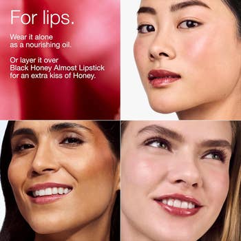 Collage of models showcasing a glossy lipstick. Includes substance   detailing its usage  arsenic  a nourishing lipid  oregon  layered with Black Honey lipstick