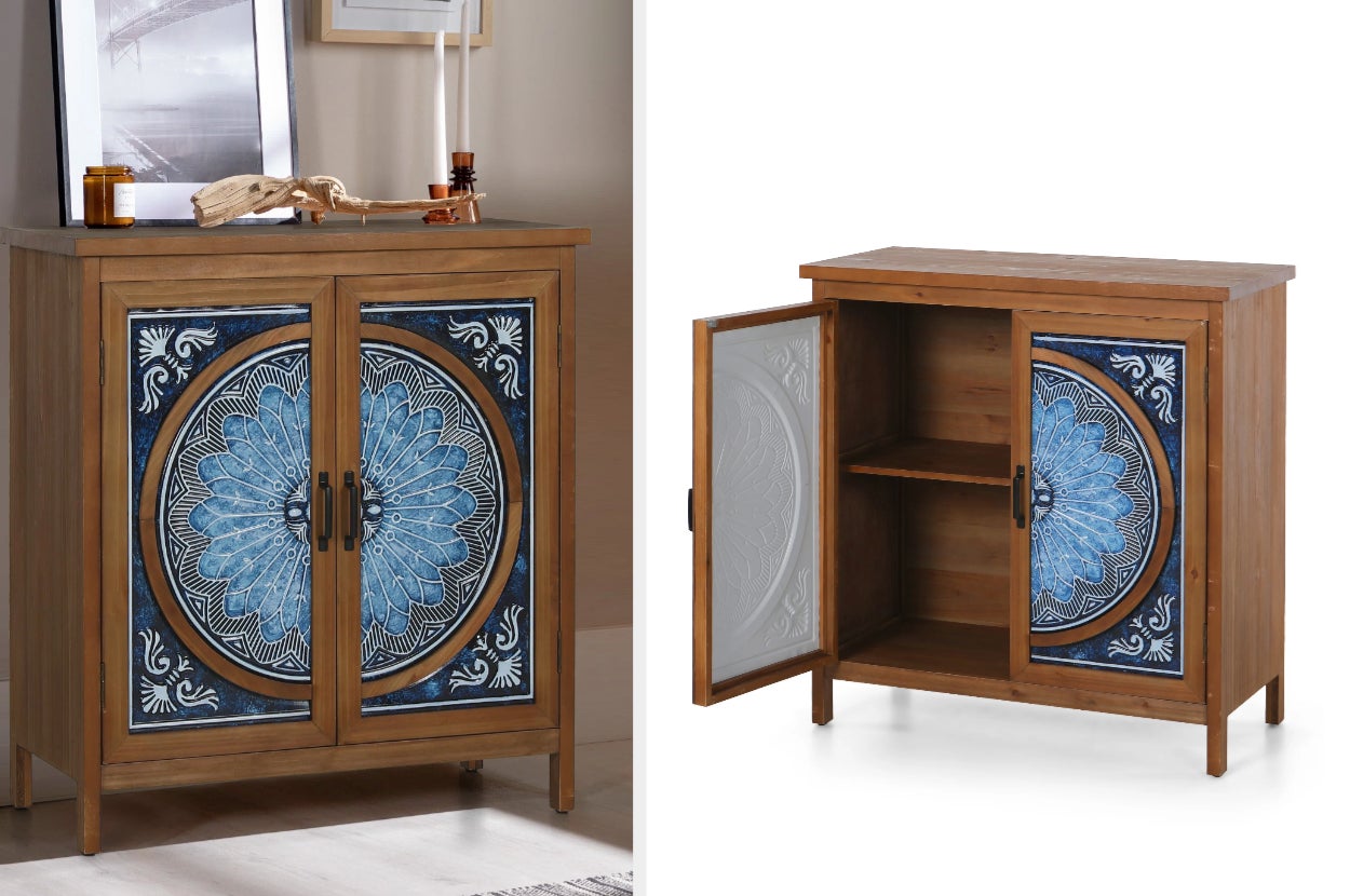 Short brown accent cabinet with blue porcelain pattern, interior of cabinet with two shelves 