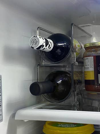 reviewer's fridge with wine in the two tiered organizer