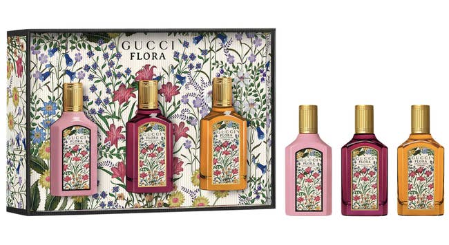 Gucci Flora fragrance acceptable with 3 bottles, each featuring floral designs