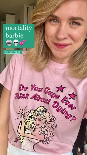 buzzfeed senior writer emma lord wearing a pink shirt with barbie on it that says 