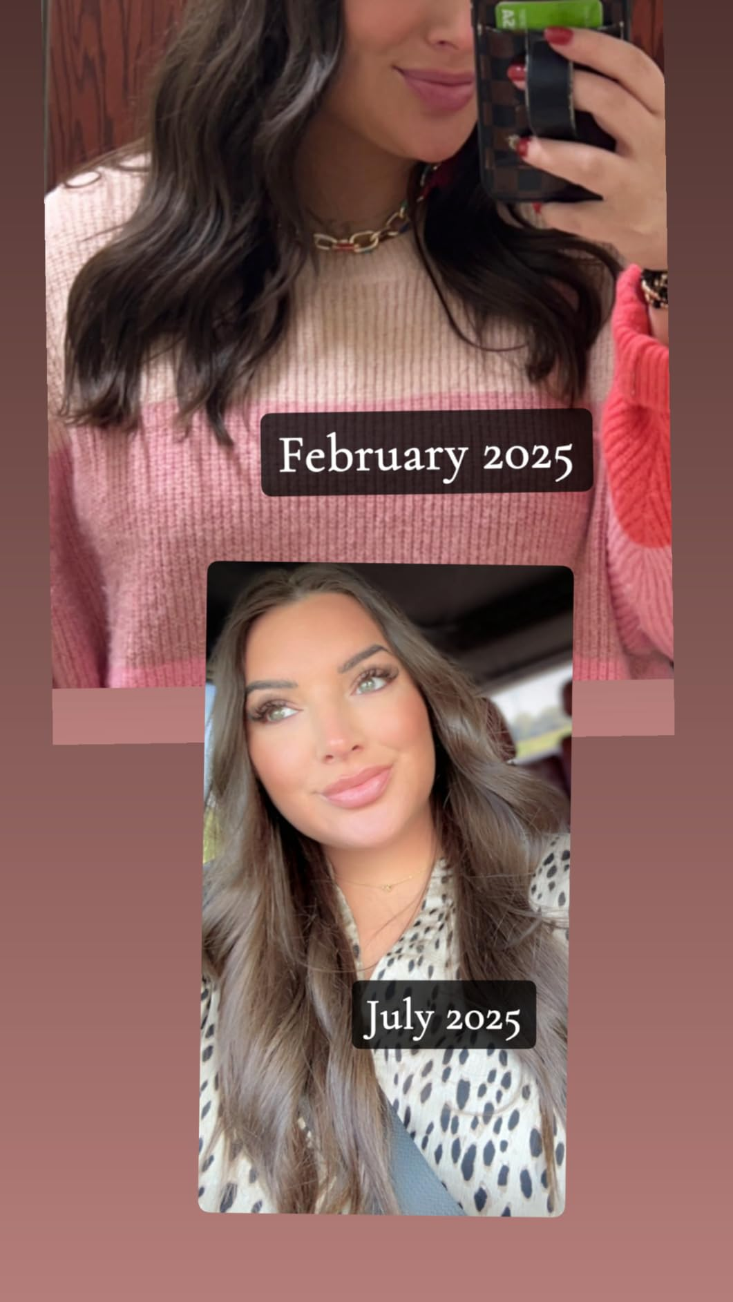 Two side-by-side selfies showing a person's hairsbreadth  labeled 