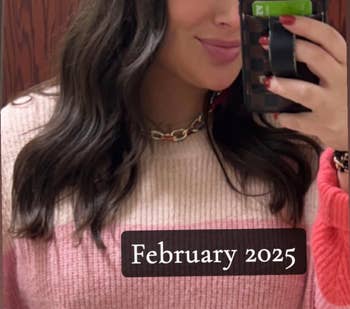 Two side-by-side selfies showing a person's hairsbreadth labeled
