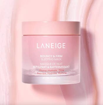 LANEIGE Sleeping Mask jar with text describing its benefits: plump, hydrate, and glow