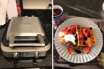 Two reviewer images of exterior of waffle maker and waffles