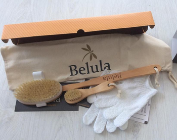 Small brush, hand brush, exfoliating gloves, and extension handle