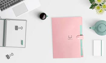 pink accordion folder with smiley face on a desk