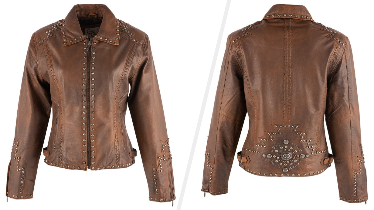 Two images of the brown leather jacket