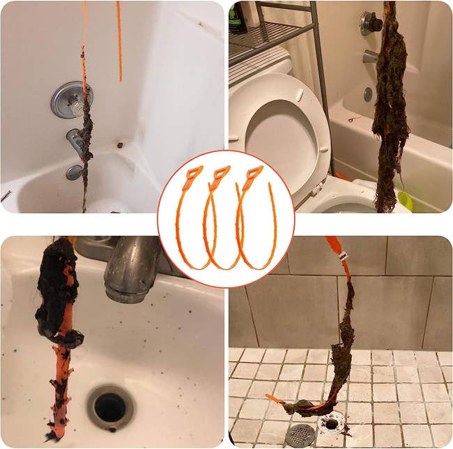 four images of the drain snake pulling hair clogs out of drains in a sink and showers 