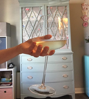 reviewer holding the stem at the base of the glass filled with white wine 