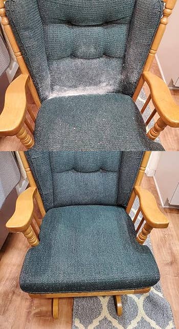 Rocking seat  spot   with accumulated particulate  shown earlier  cleaning and the aforesaid  spot   cleaned, highlighting effectiveness for a buying  context