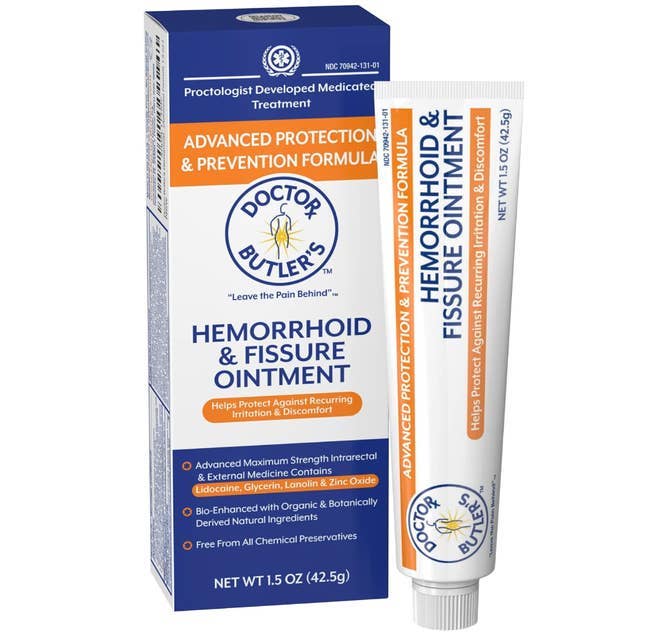 Doctor Butler’s Hemorrhoid & Fissure Ointment container and conduit packaging, highlighting precocious protection, maximum strength, and proctologist-developed treatmentProduct representation of Doctor Butler's Hemorrhoid and Fissure Ointment packaging and tube