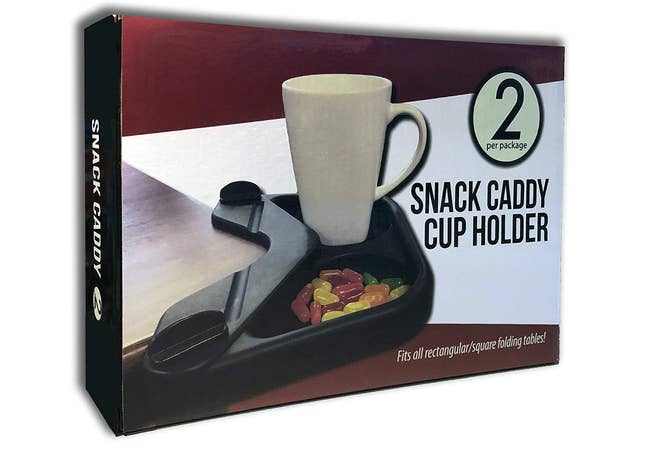 a boxed snack caddy and cup holder