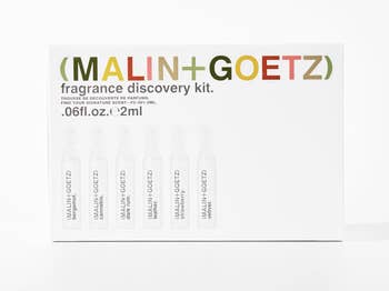 Box of Malin+Goetz fragrance find kit containing six 2ml vials, utilized for uncovering a signature scent