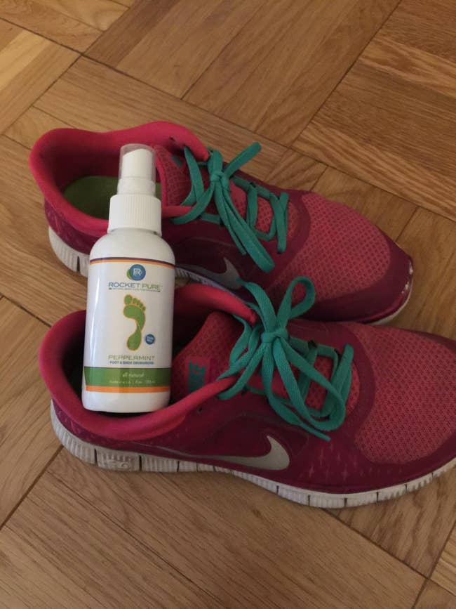 reviewer image of the spray bottle in a sneaker