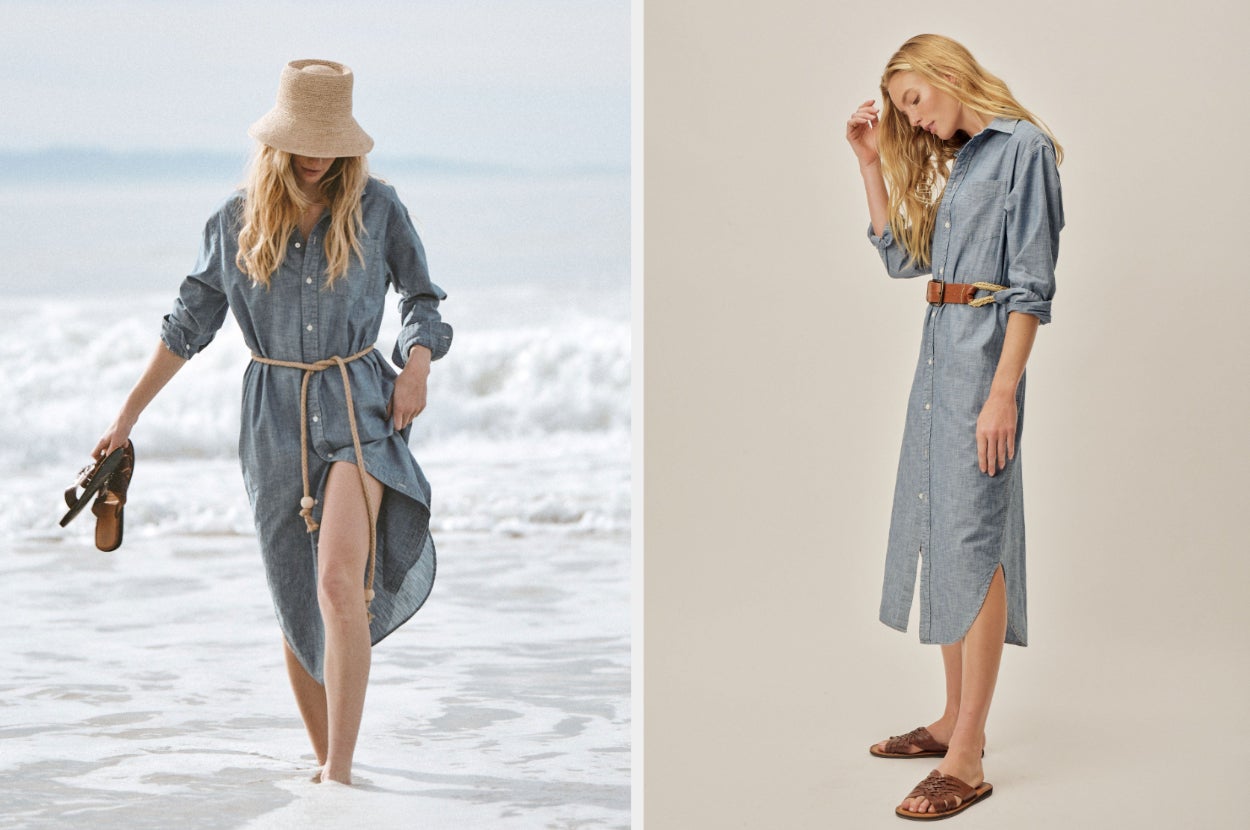 Two images of model wearing blue shirtdress