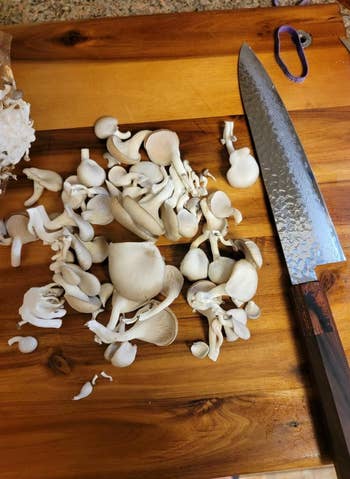 A wooden cutting board with various types of mushrooms and a large chef's knife placed on it