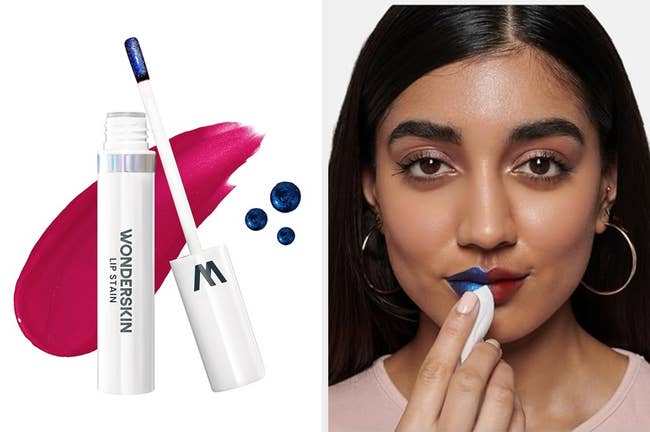 Woman applies Wonderskin lip stain with wand; product shown with bold lip color