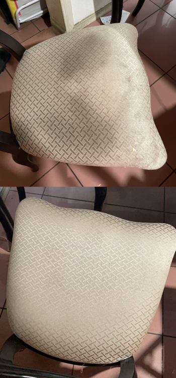 reviewer before and after photos showing a stained chair cushion above the same cushion looking stain-free after being treated with the little green cleaner