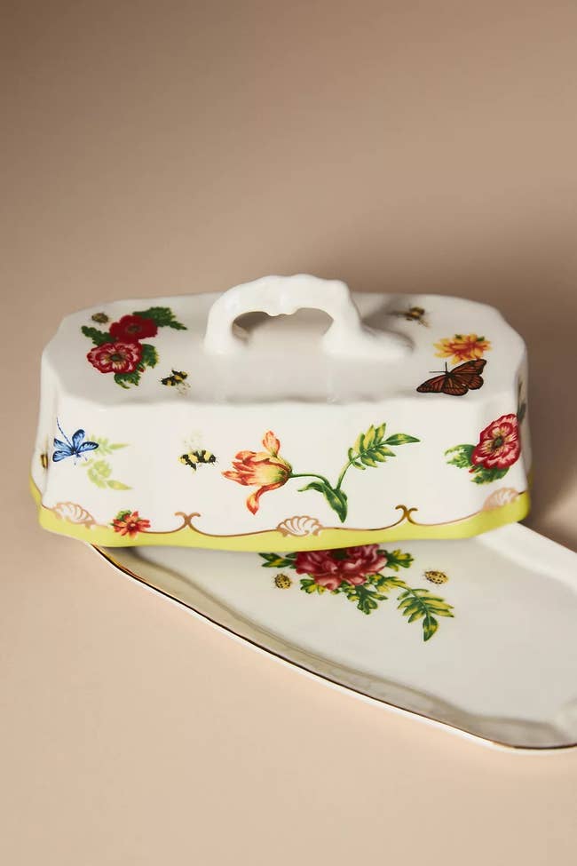 Decorative butter dish with floral pattern and butterflies 