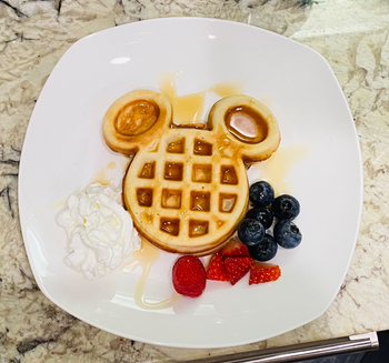 reviewers mini Mickey shaped waffle with berries, whipped cream, and syrup