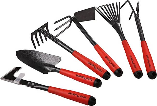 A closeup of all six tools in red and black
