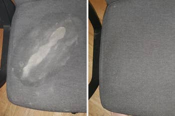 Side-by-side comparison of a chair before and after cleaning, showing a stain removed from the fabric