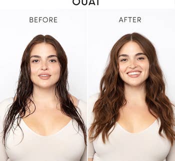 before and after of a model with wet hair and then dry, wavy hair