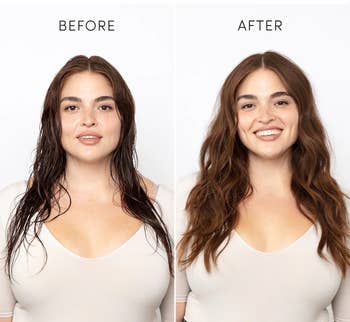 before and after of a model with wet hair and then dry, wavy hair