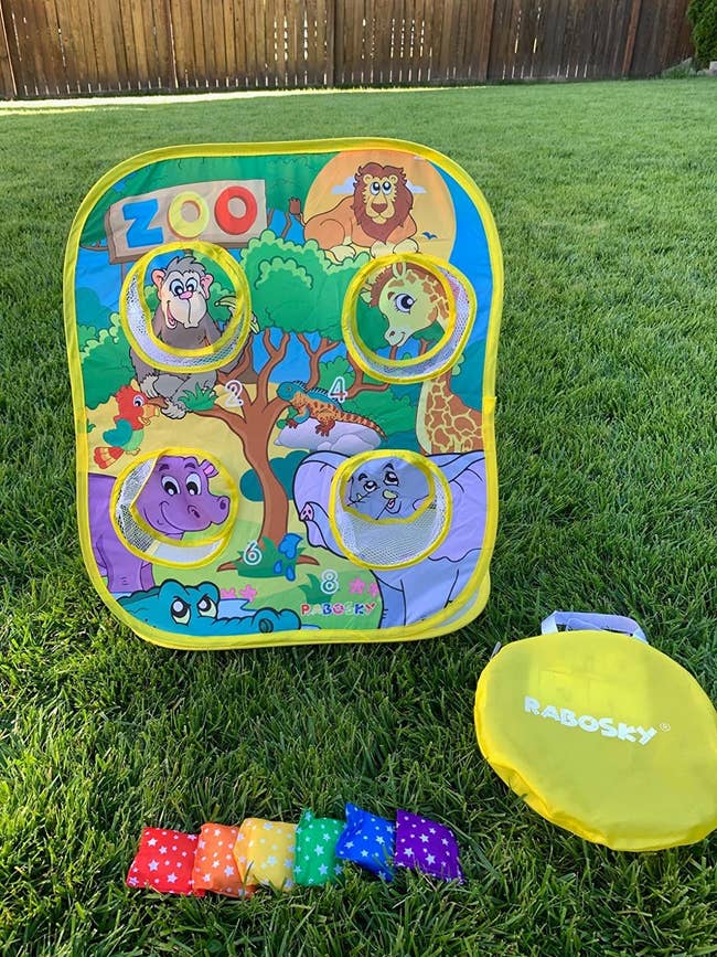 Reviewer's zoo animal bean game with colorful bean bags and carrying case
