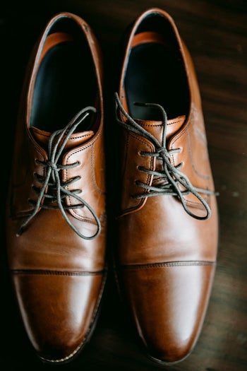 Reviewer photo of the tan dress shoes