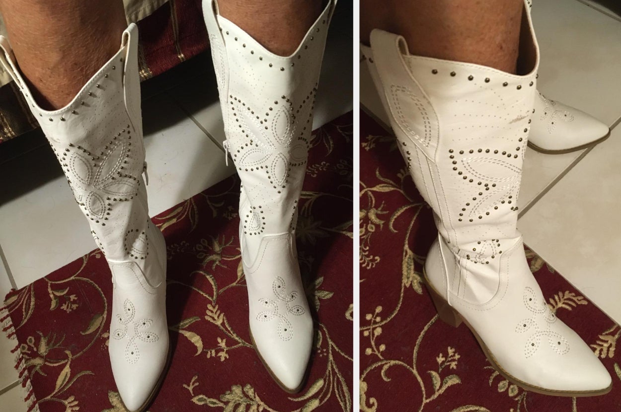 Reviewer wearing white floral studded cowboy boots