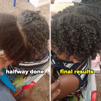 reviewer showing the curling gel used on their son's hair, showing results halfway through and how it defined his curls